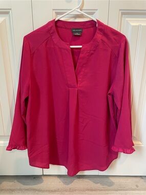 Van Heusen Women's Fuchsia Split-Neck Ruffle Cuff Blouse